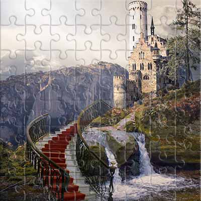 Château ancien de Liechtenstein et cascade Puzzle