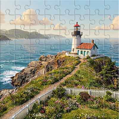 Lighthouse and Flowers on the Ocean Shore