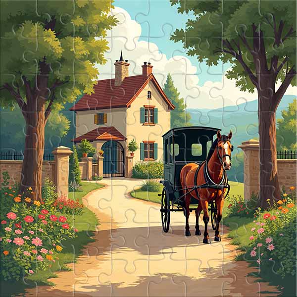 Pferd und Kutsche am Tor eines alten Hauses Puzzle