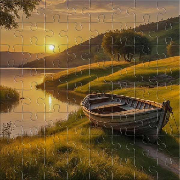 Boot am See beim Sonnenuntergang Puzzle